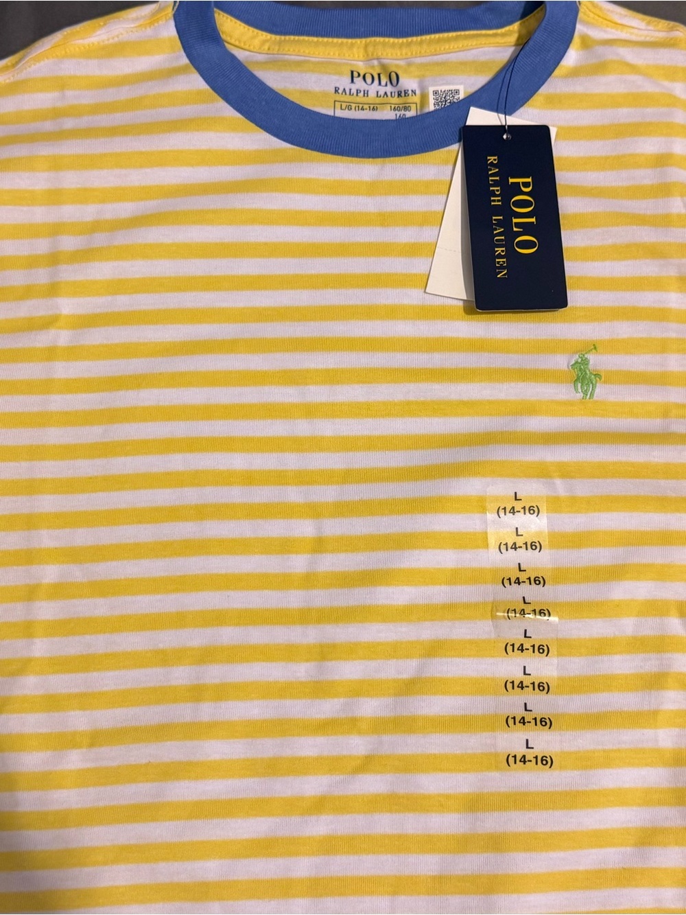 Ralph Lauren Yellow & White Striped Tee with Blue Neckline